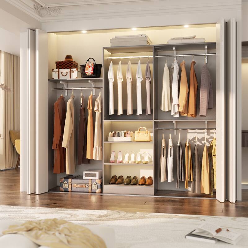 96'' W Walk-in Closet System with 4 Hanging Rods and 3 Shelving Towers, Sturdy Closet Organizer with Storage Shelves - Grey