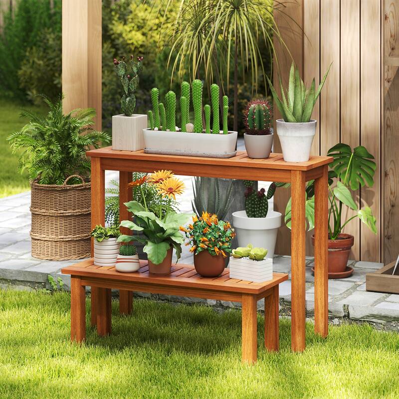 Gymax Wooden Plant Stand Set of 2 w/ Teak Oil Finish Slatted Top