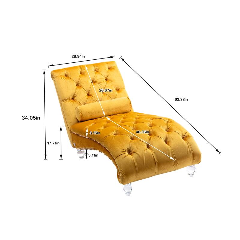Velvet Tufted Chaise Lounge Chair Ergonomic S Shape Recliner with Pillow, Nailhead Trim and Acrylic Legs for Indoor Use