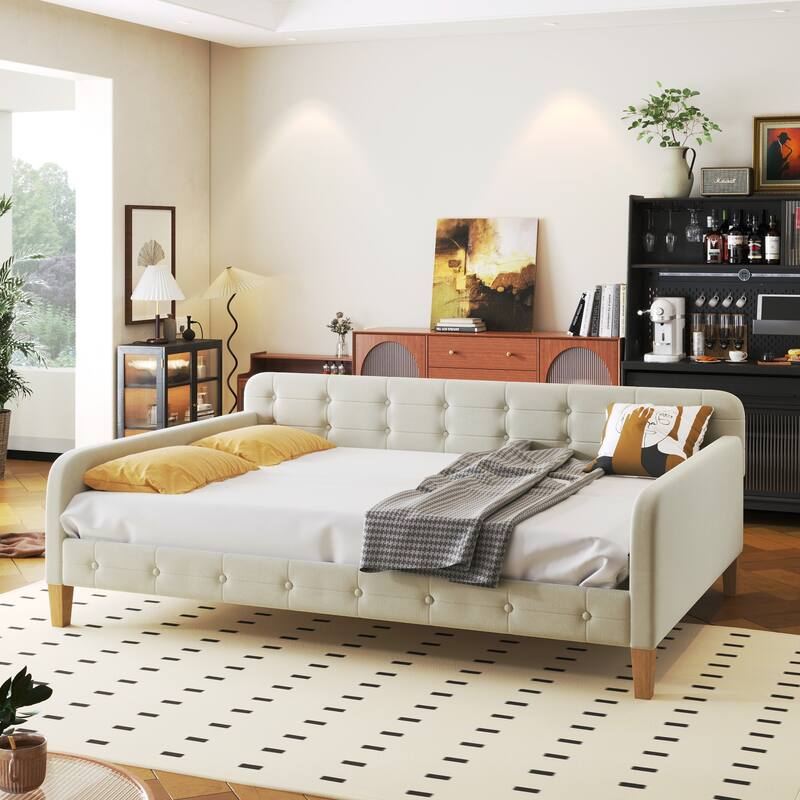 Full Size Velvet Upholstered Daybed Frame with Tufted Backrest & 4 Legs