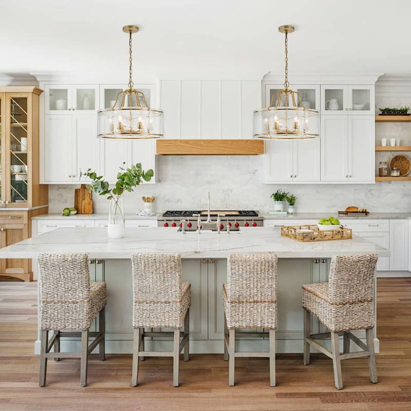 Modern 6-Light Clear Rippled Glass Lantern Pendant For Kitchen Island