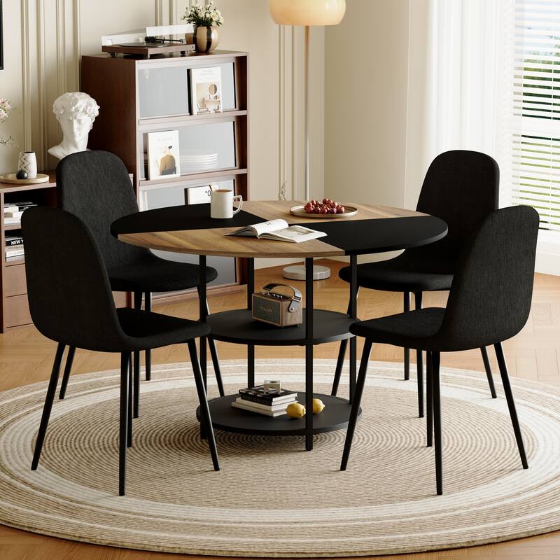 5-piece Natural and Black Spliced Round Dining Table Set with Double-Layer Storage Shelf, Anti-Slip Feet - Black,Wood