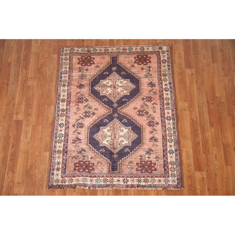 Tribal Pink Shiraz Persian Vintage Area Rug Handmade Wool Carpet - 3'7"x 4'7"