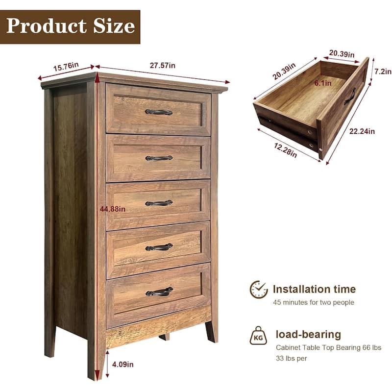 Vintage 5 Drawer Dresser Storage Organizer for Closet Living Room