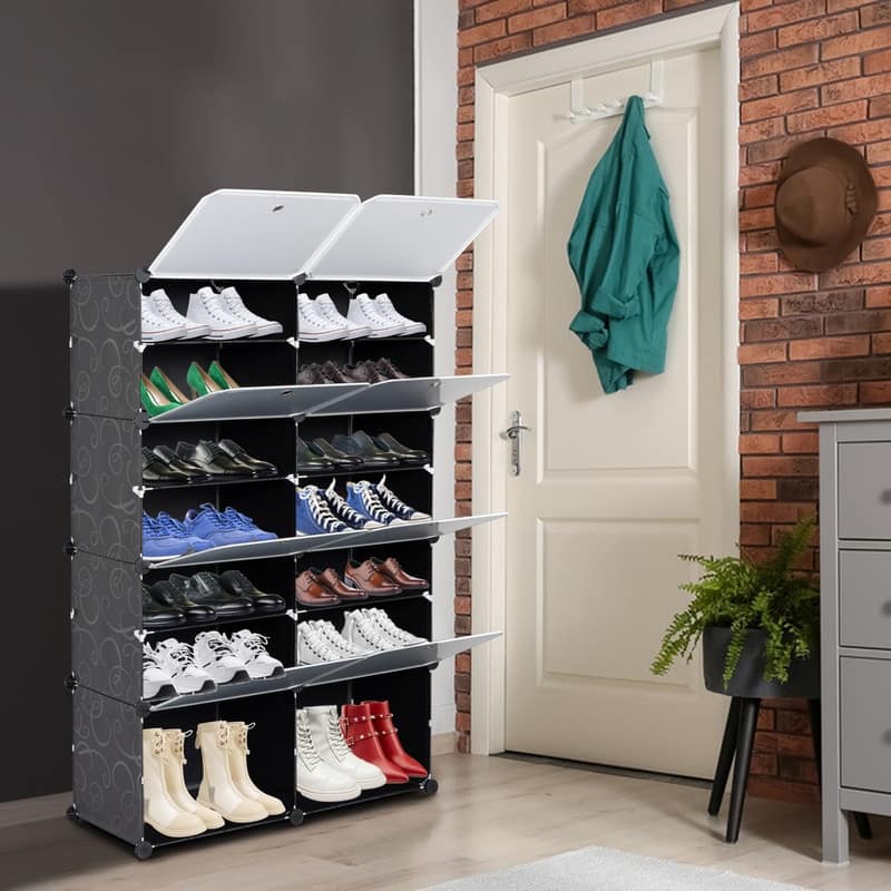 7-Tier Portable 28 Pair Shoe Rack Organizer 14 Grids Tower Shelf Storage Cabinet Stand Expandable for Heels