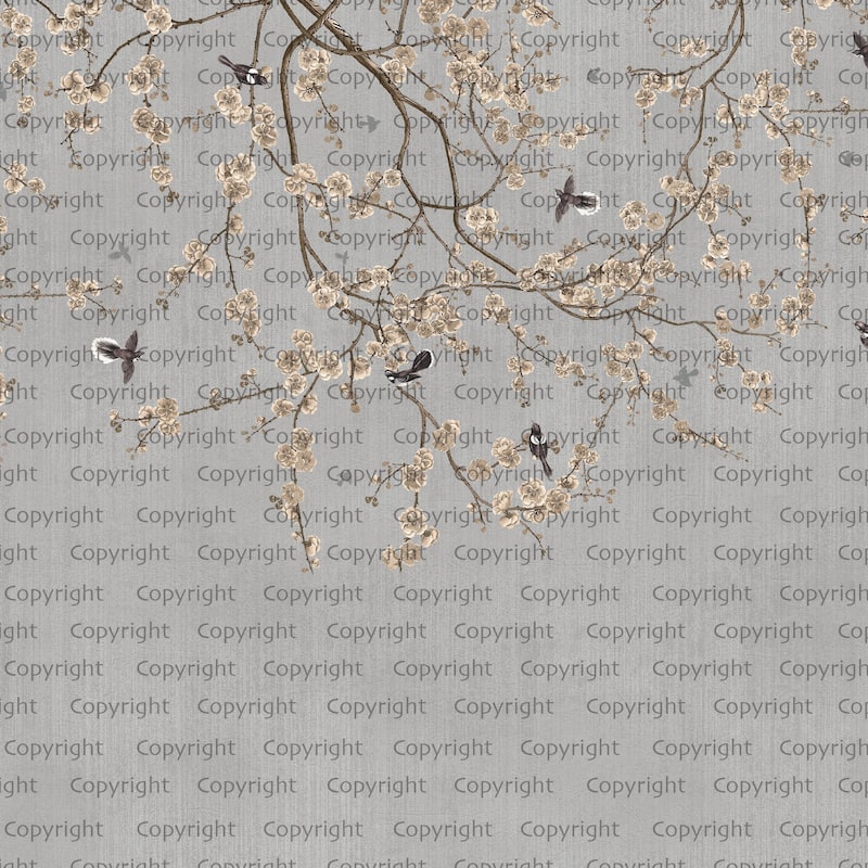Blooming Cherry Blossoms Chinoiserie Wallpaper Mural - Gray - W:204" x H:110"