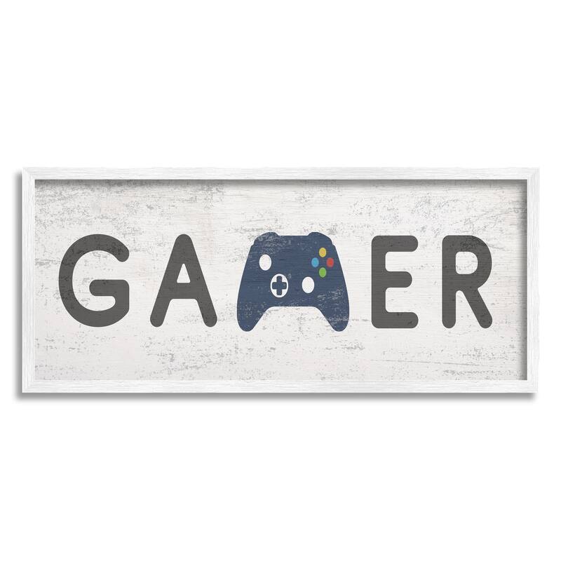 Stupell Gamer Typography Kids' Video Game Controller Sign Framed Wall Art - Blue - 10 x 24 - White