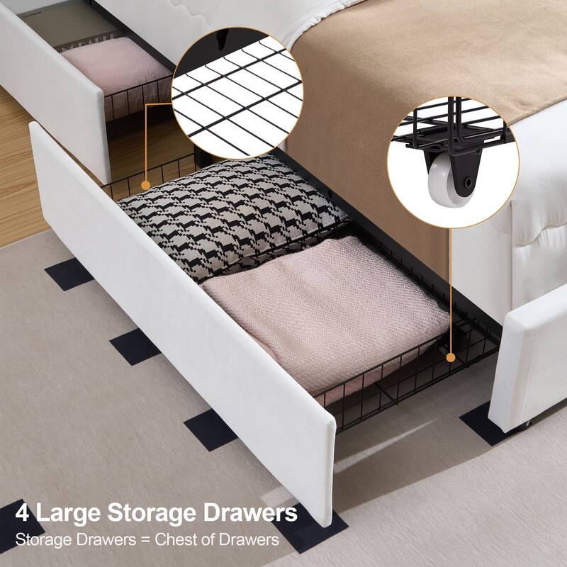 VECELO Bed Frame with 4 Storage Drawers Upholstered Platform Bedframe with Adjustable Headboard