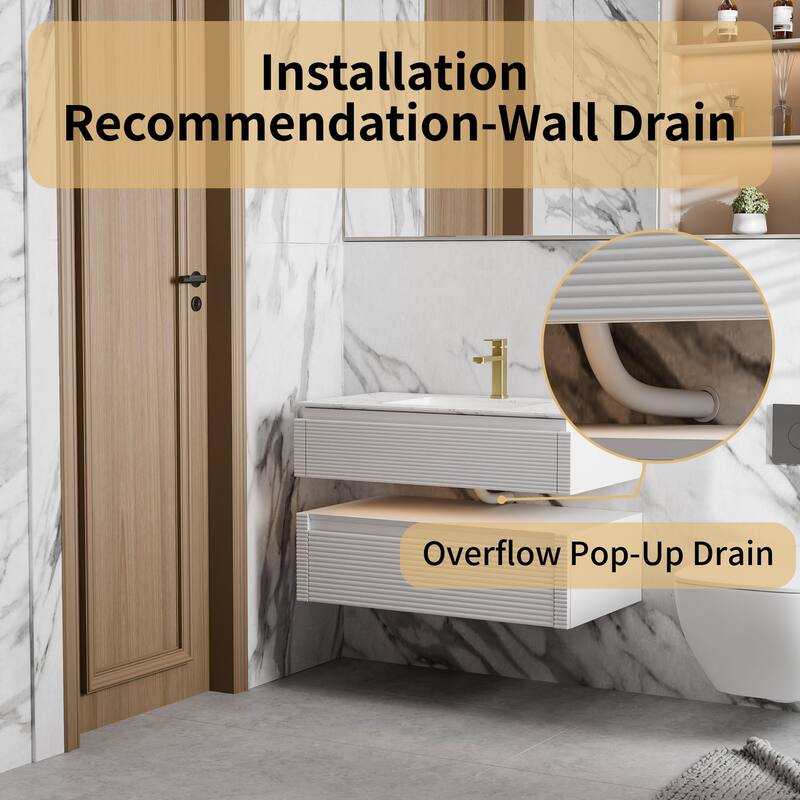 Modland 36" Modern Wall-Mounted Bathroom Vanity with Engineered Stone Countertop & Ceramic Undermount Sink