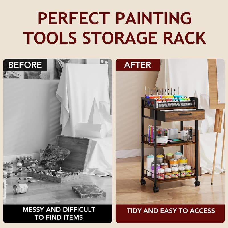 Metal Utility Cart with Storage Drawer and Wheels - 34.7"D x 9.3"W x 16.9"H