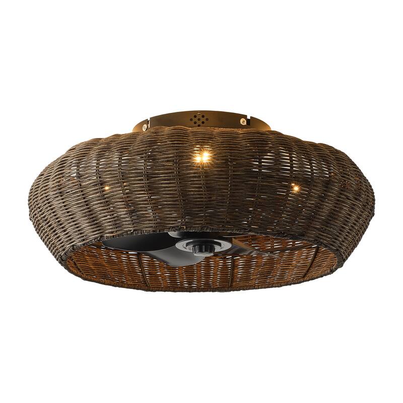 20-inch Boho Distressed Black Chandelier Flush Mount Ceiling Fan with Remote and Hand-Woven Rattan Shade - 19.7" W x 7.08" H