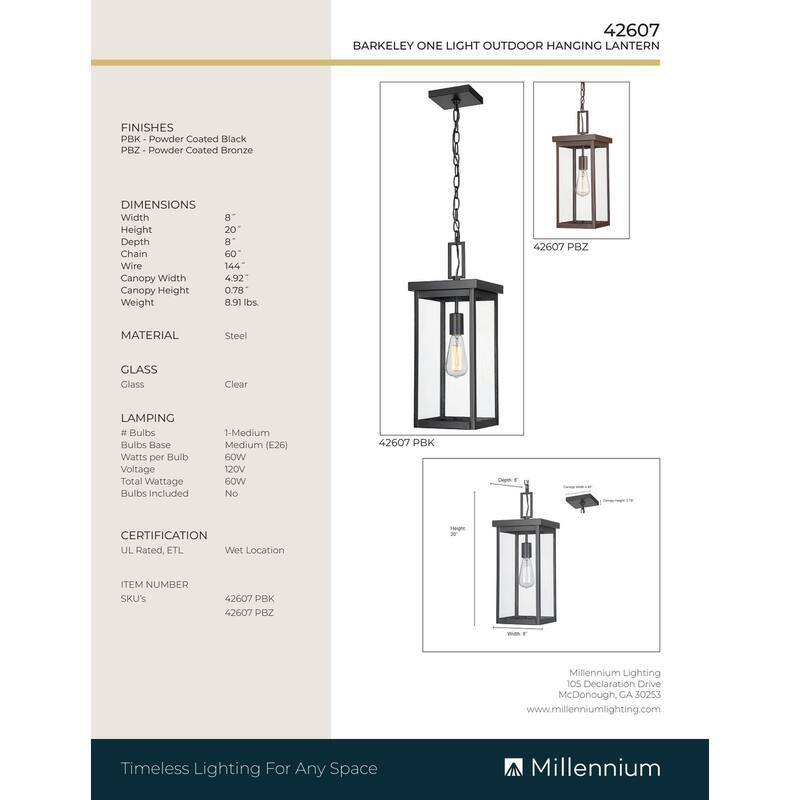 Millennium Lighting Barkeley 1 Light Outdoor Hanging Lantern in Powder Coated Black with ClearGlass Shades