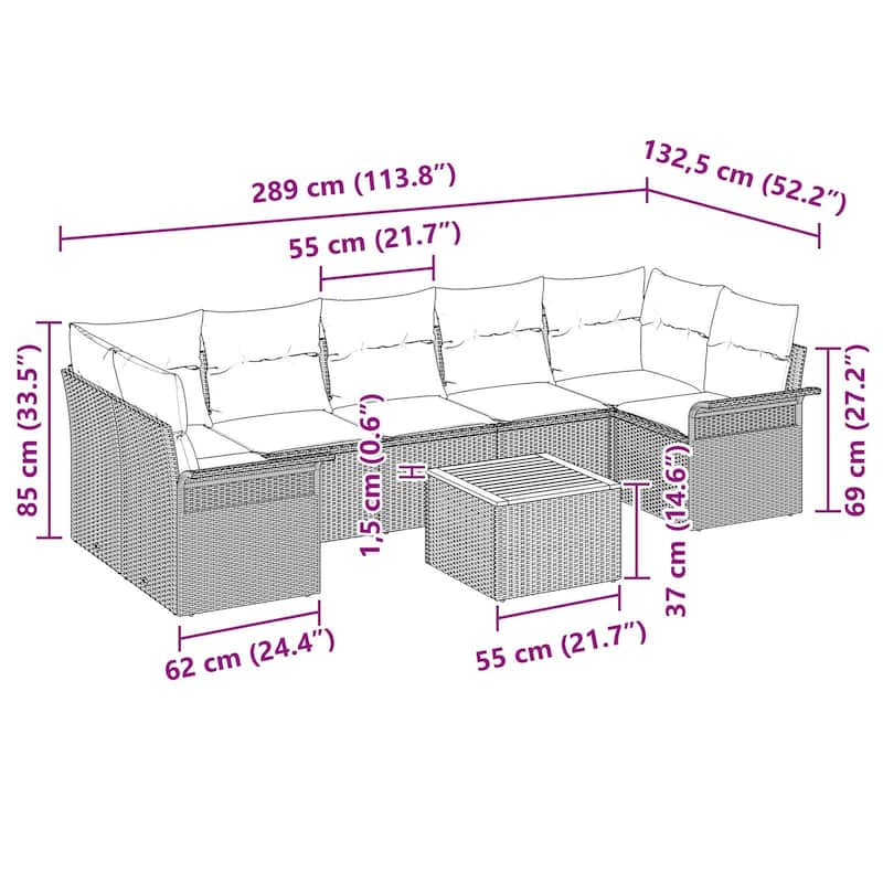 vidaXL 8 Piece Garden Sofa Set with Cushions - 113.8×52.2×27.2
