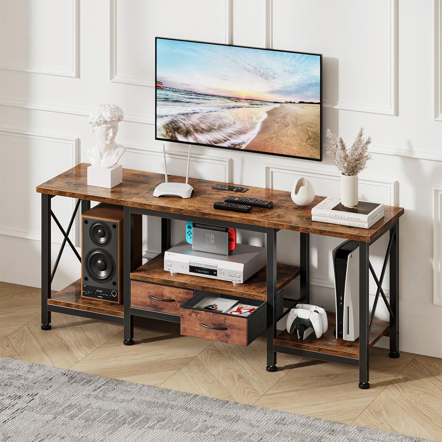 TV Stand with Fabric Drawers, TV - Entertainment Center and Industrial TV Console Table with Open Storage Shelves