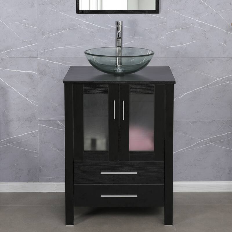 eclife 24" Classical Bathroom Vanity Set with Tempered Glass Vessel Sink Oil Rubbed Bronze Faucet and Drain - clear round sink
