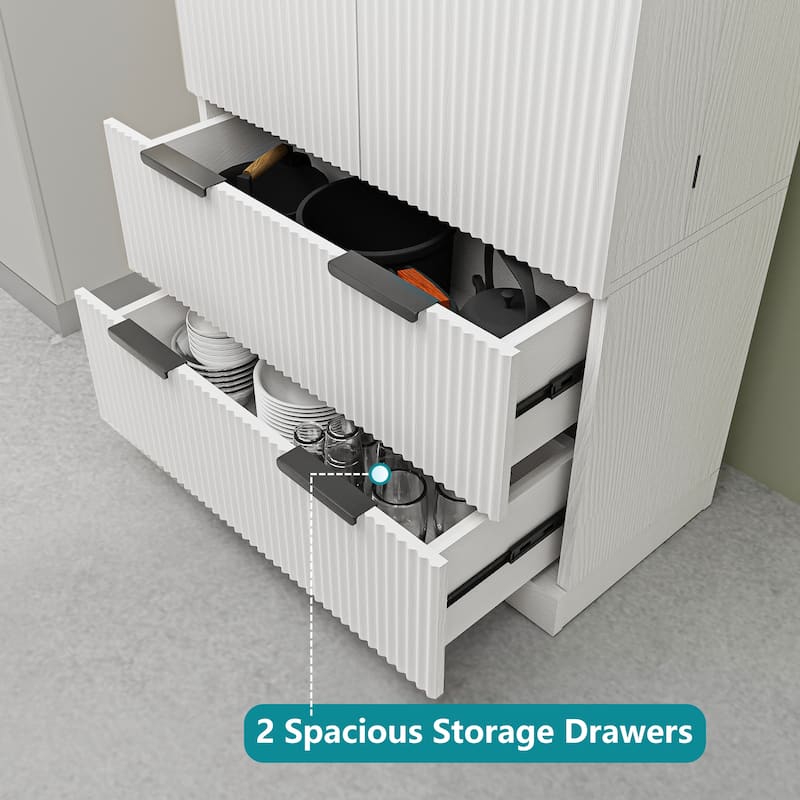Farmhouse Kitchen Pantry Cabinet with 2 Deep Drawers & 8-Door Spice Rack - Storage Cupboard for Dining Room (72" Tall)