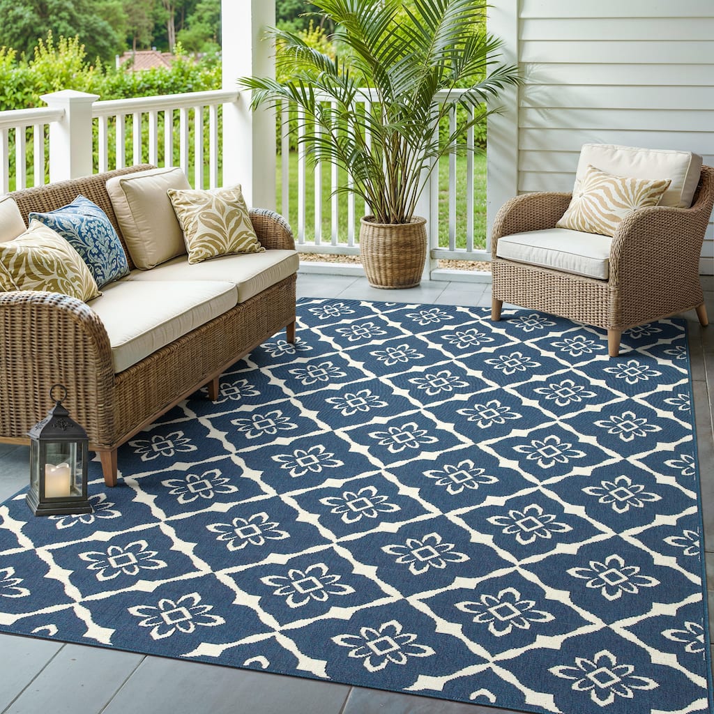 Style Haven Martinique Floral Lattice Indoor Outdoor Navy/Off-White Area Rug