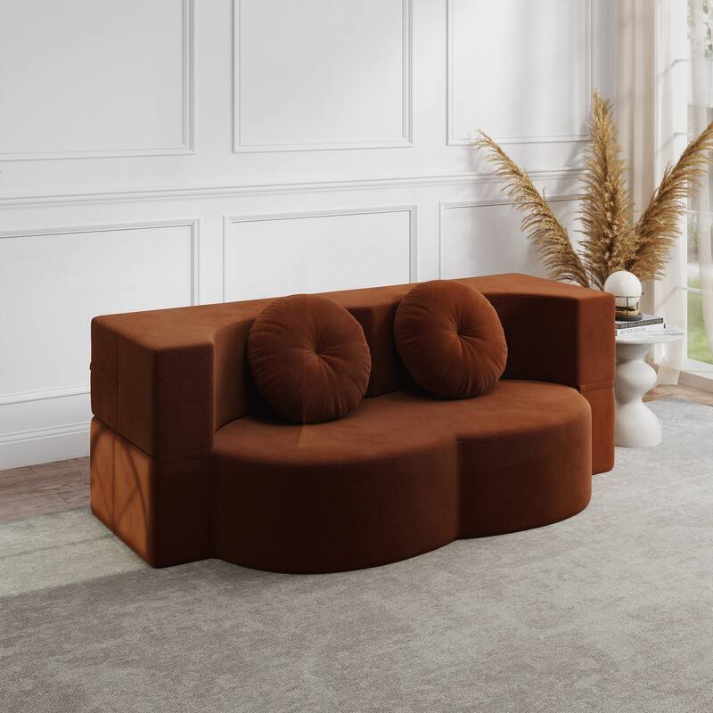 Modern Floor Sofa with 2 Pillows,Convertible Plush Corduroy Foam-Filled Sleeper Sofa Bed
