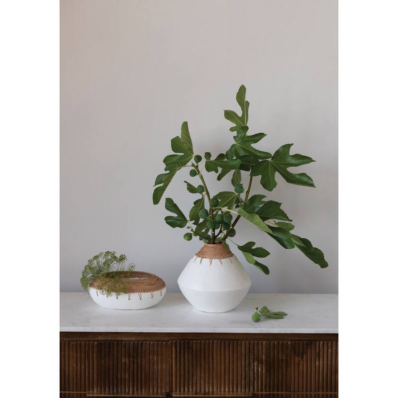 Handmade Terra-cotta Planter with Hand-Woven Rattan Stitching