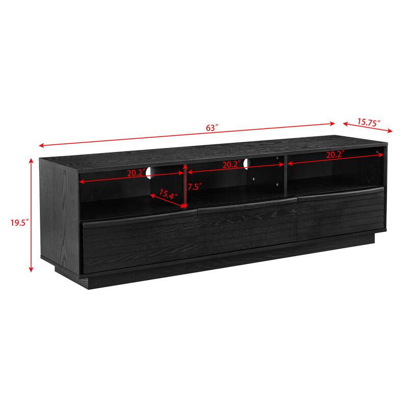63" Mid-Century Modern TV Stand for TVs up to 75", Entertainment Center with 3 Solid Wood Drawers & Outlet Holes, Open Storage
