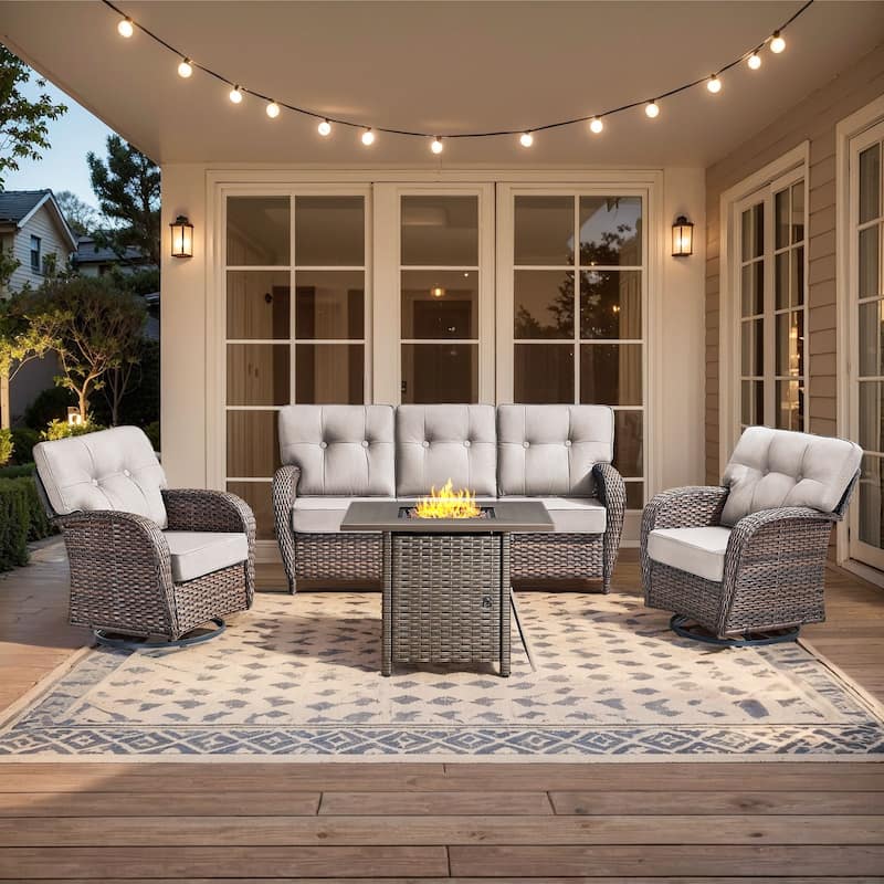 Pocassy Ooutdoor Fire Pit Table with Sofa Chair Set - Brown Wicker & Beige cushion