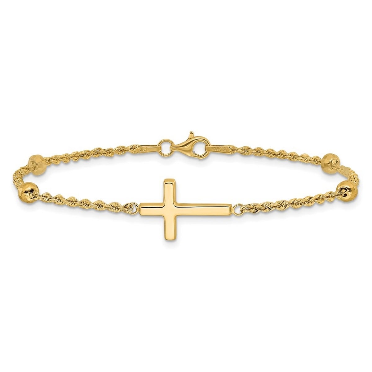 Curata 10k or 14k Yellow Gold 7.5" Diamond Cut Beads Sideways Cross Rope Bracelet