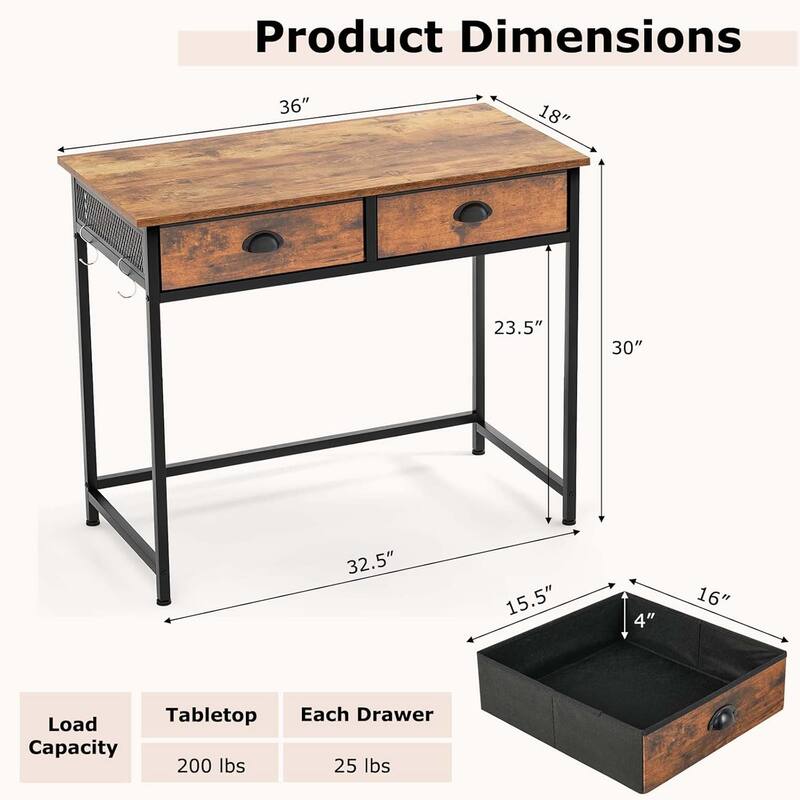 36'' Space Saving Laptop Desk Small Computer Desk w/ Hooks