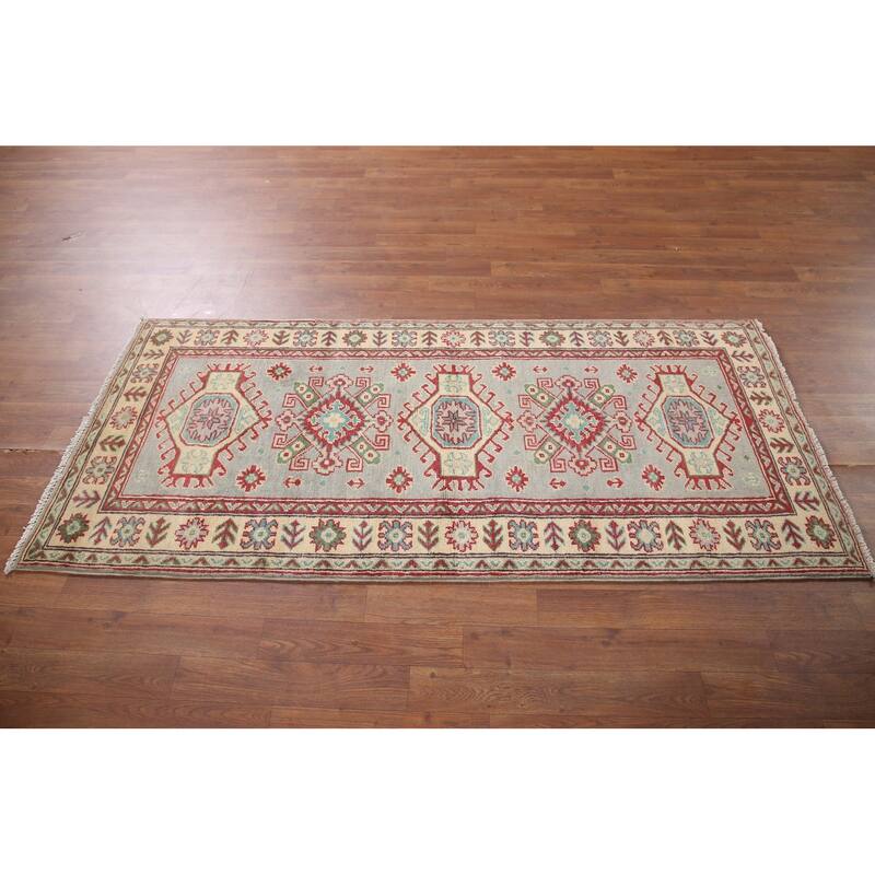 Hand Knotted Oriental 100% Wool Carpet Traditional Geometric Greys & Charcoal Kazak Area Rug - 6' 0'' X 2' 9''