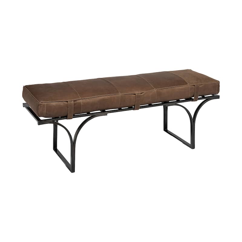 HomeRoots 55" Brown and Black Upholstered Genuine Leather Bench - 55