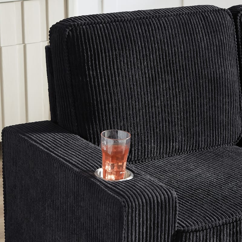 84.25" Corduroy 3-Seater Sofa with Cup Holder Armrests - High-Density Sponge and Spring Cushions