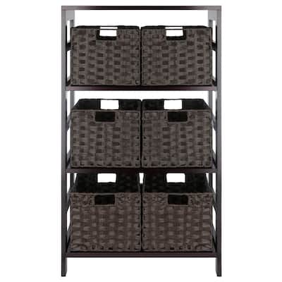 7 Pc Storage Shelf 6 Foldable Woven Baskets 42" Espresso Chocolate