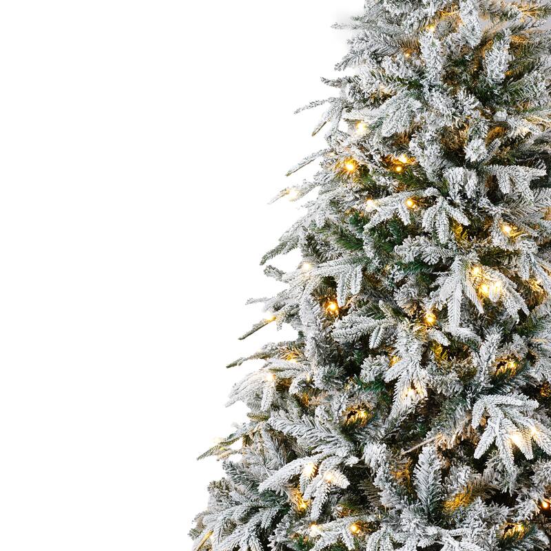 Snow Flocked Christmas Decor 3-Pack - Wreath + Garland + Tree, Warm LED Lights - Green,White