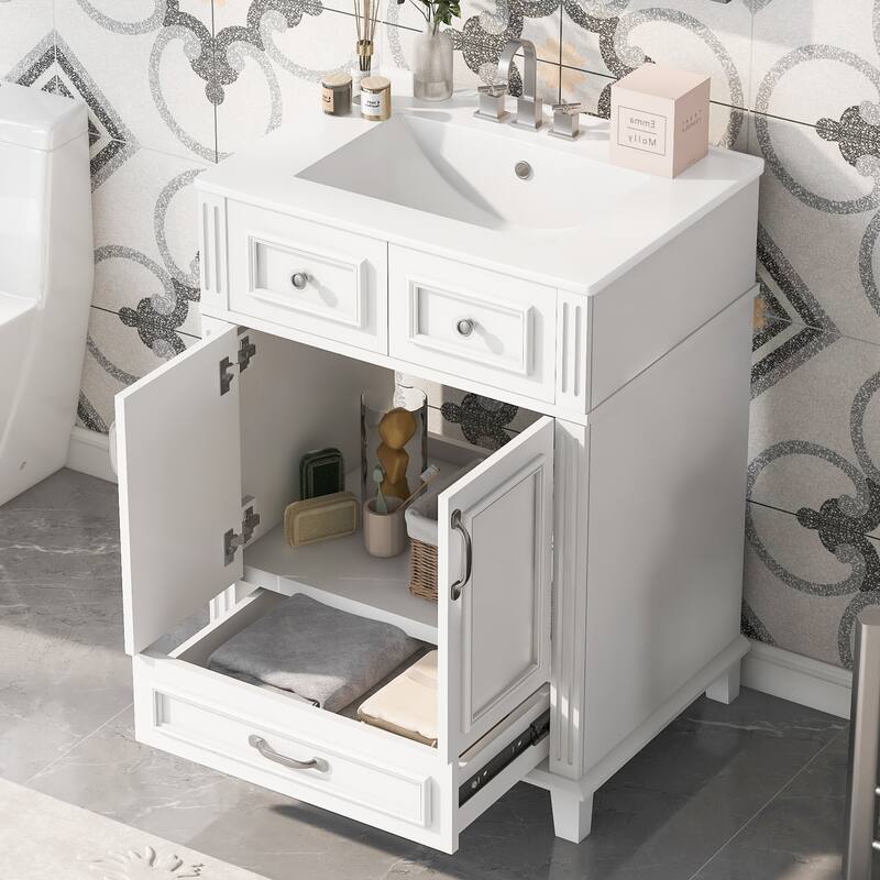 24" Bathroom Vanity with Ceramic Sink,Solid Wood Frame Bathroom Storage Cabinet with Soft Closing Doors,Retro Style