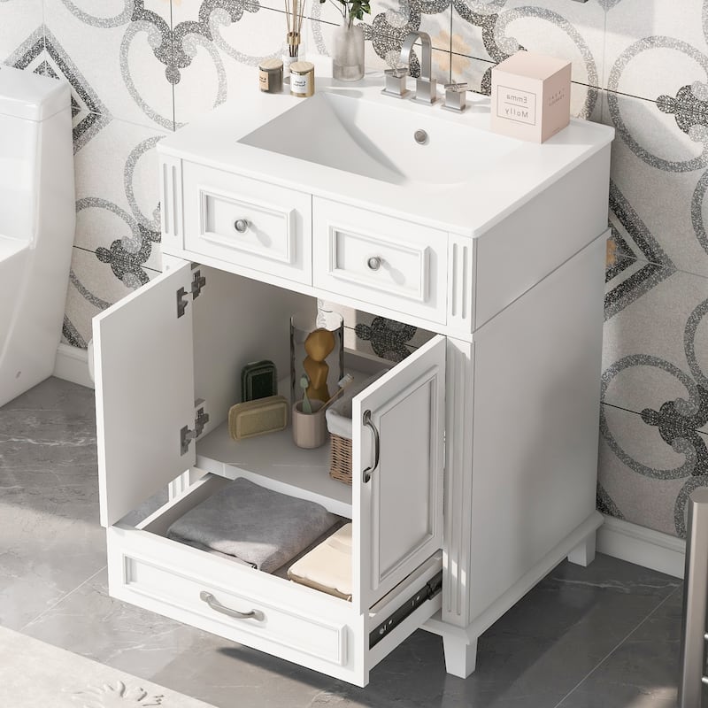 24" Retro Bathroom Vanity with Ceramic Sink & Solid Wood Frame - Soft Closing Door Storage Cabinet - White