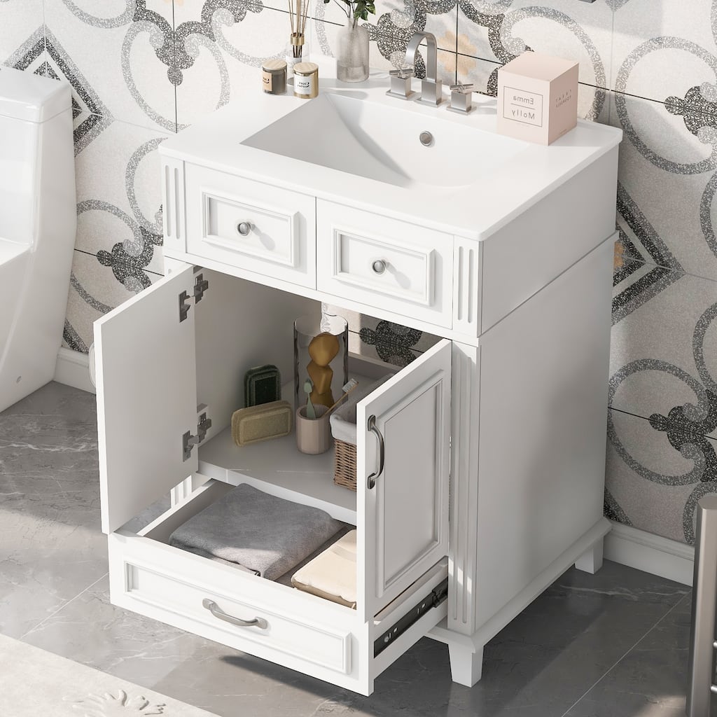 24" Retro Bathroom Vanity with Ceramic Sink & Solid Wood Frame - Soft Closing Door Storage Cabinet