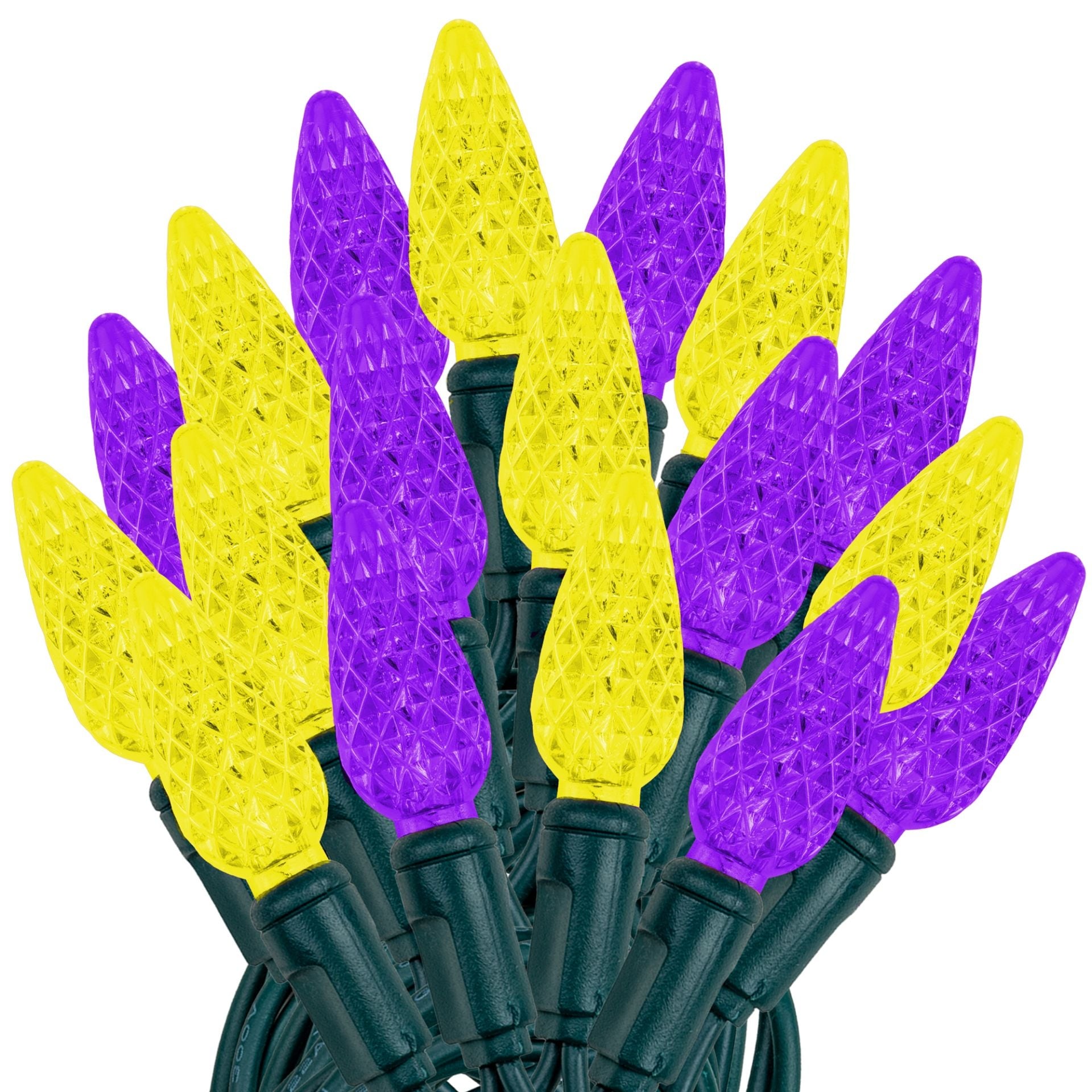 70 Light C6 LED Christmas Mini Light Set, Purple/Yellow, Green Wire, 24 Feet - Large