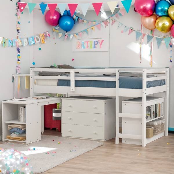 slide 2 of 27, Modern Twin Size Loft Bed With Cabinet,Shelves And Rolling Portable Desk White