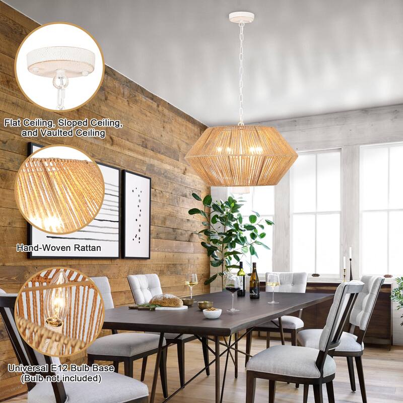 4-Light Bohemian Hand Woven Drum Chandelier Rattan Pendant - N/A