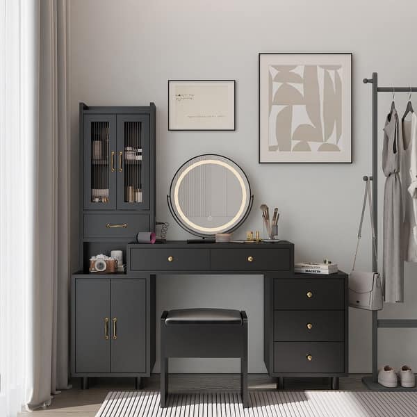 light grey dressing table Grey Corner Dressing Table Set Makeup Desk w/3 Large Mirrors,5 Drawers –  Quildinc main image 1