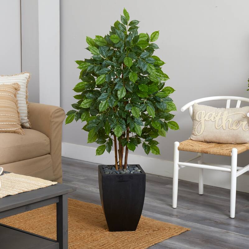 57in River Birch Artificial Tree in Black Planter with Realistic Green Foliage and Decorative River Rocks - 51-60 Inches