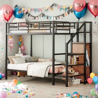 Twin Over Twin Bunk Bed With Lateral Storage Ladder and Wardrobe for Home
