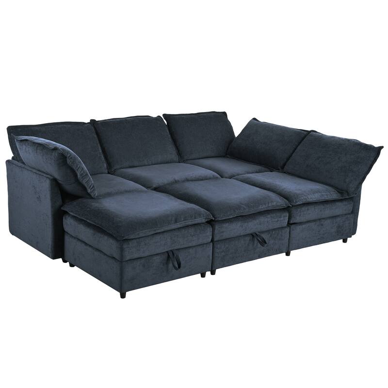 126" 6-Piece Modular Sofa Bed with Storage and Double-Layer Cushions