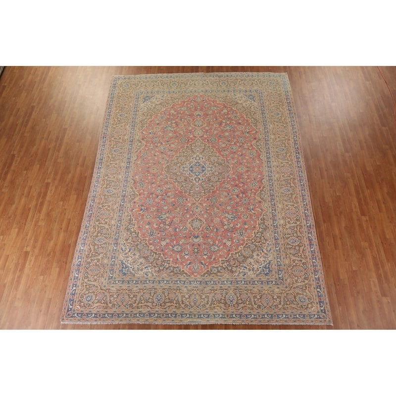 Traditional Kashan Persian Antique Area Rug Hand-knotted Wool Carpet - 9'9" x 13'1"
