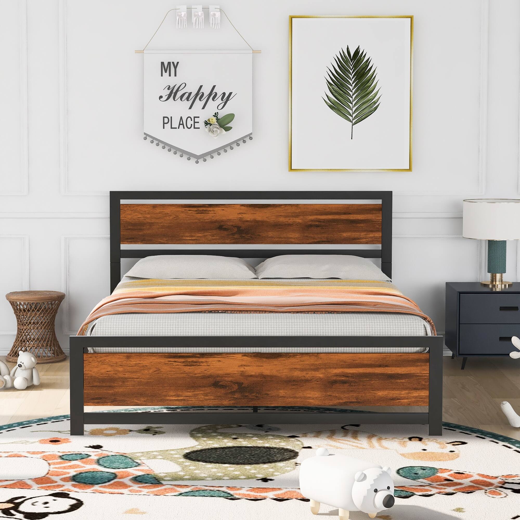 Metal Bed Frame with Wood Headboard and Footboard, Queen Size Bed