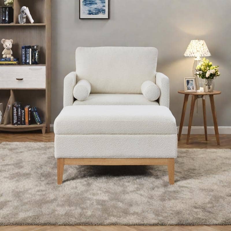 Boucle Farmhouse Armchair Set with Storage Ottoman and Natural Wood Legs - Ivory