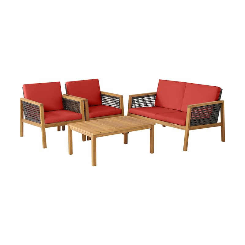 4 PCS Outdoor Acacia Wood Furniture Set Patio Conversation Set - Red