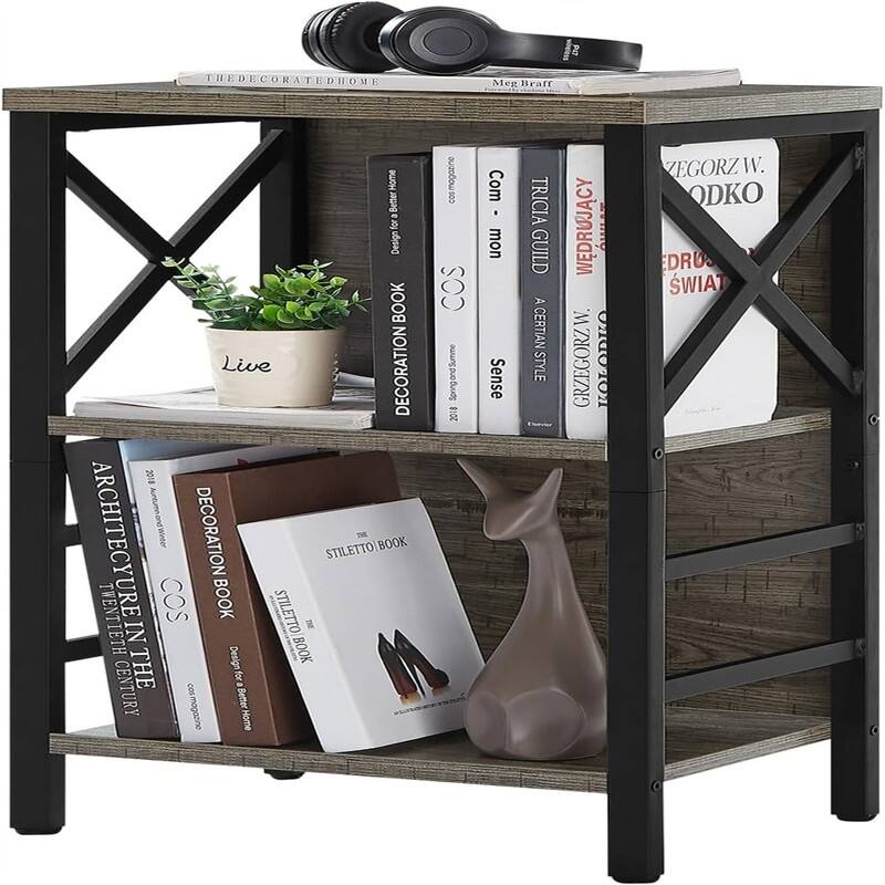 Industrial 3 Tier Bookshelf Narrow Bookcase with Rustic Wood and Metal - 15.7"D x 11.8"W x 27.6"H - Grey