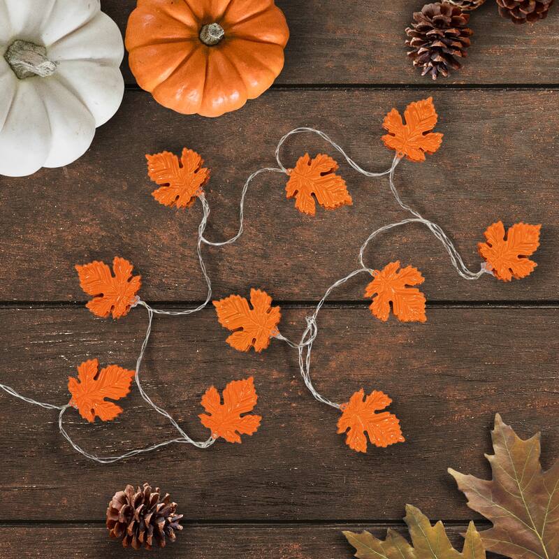 10-Count Orange LED Fall Harvest Maple Leaf Fairy Lights 5.5ft Copper Wire - 5.5'