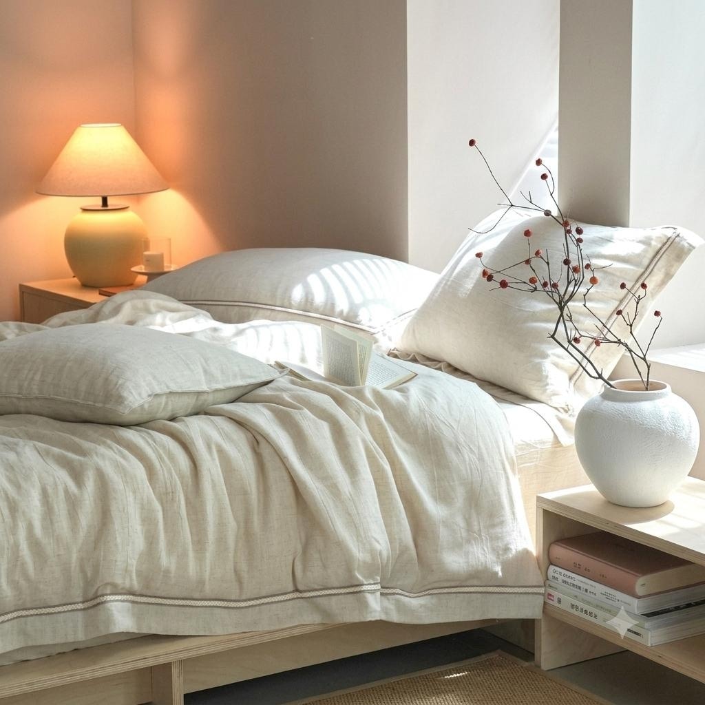 Manjusaka Linen Tencel Duvet Cover With Pillowcase Beige- Top