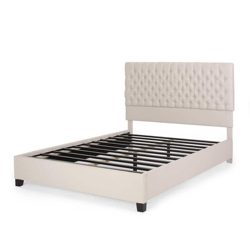 Ivory Queen Upholstered Platform Bed with Button-Tufted Headboard